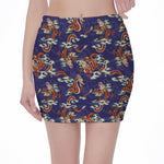 Orange Japanese Dragon Pattern Print Pencil Mini Skirt