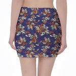 Orange Japanese Dragon Pattern Print Pencil Mini Skirt