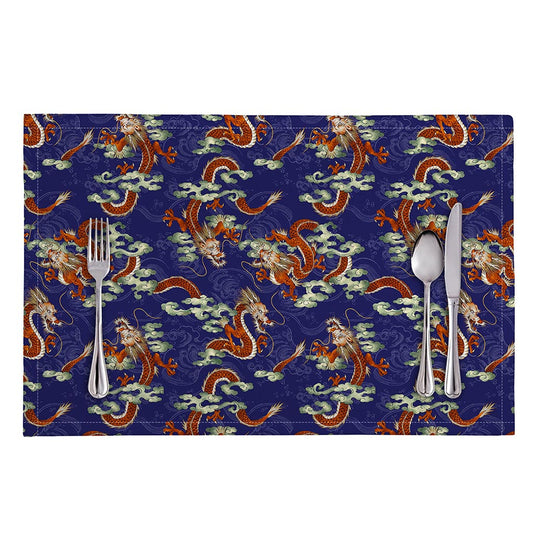 Orange Japanese Dragon Pattern Print Placemat