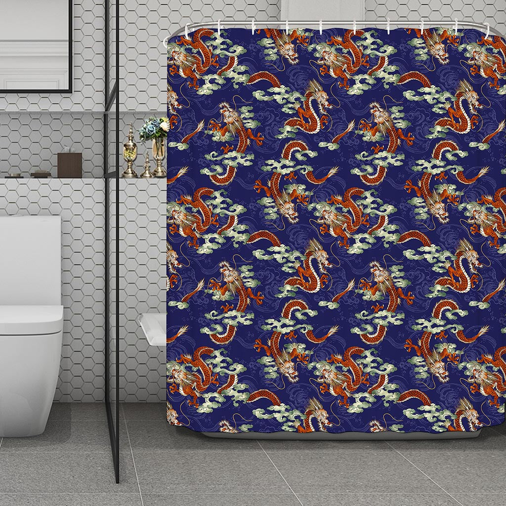 Orange Japanese Dragon Pattern Print Polyester Shower Curtain