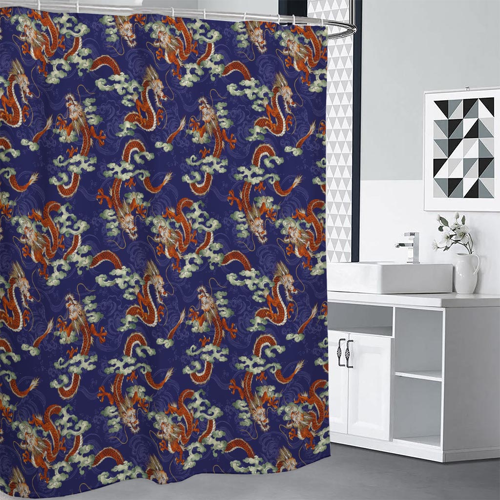 Orange Japanese Dragon Pattern Print Premium Shower Curtain