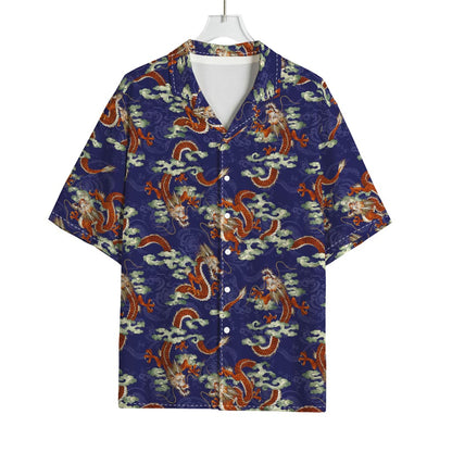 Orange Japanese Dragon Pattern Print Rayon Hawaiian Shirt
