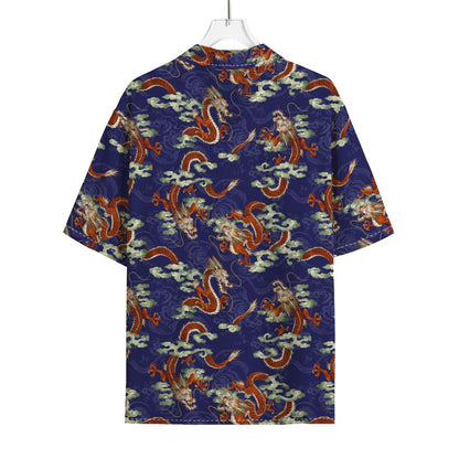Orange Japanese Dragon Pattern Print Rayon Hawaiian Shirt
