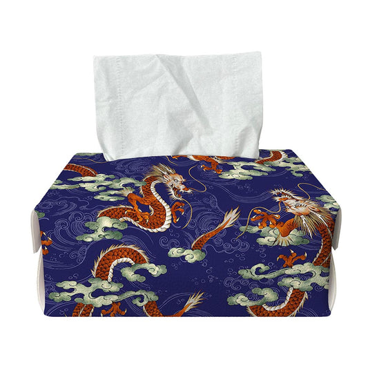 Orange Japanese Dragon Pattern Print Rectangle Tissue Box Cover