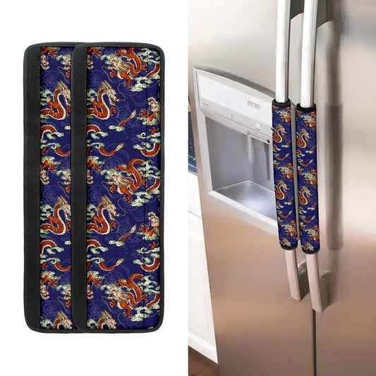 Orange Japanese Dragon Pattern Print Refrigerator Handle Covers