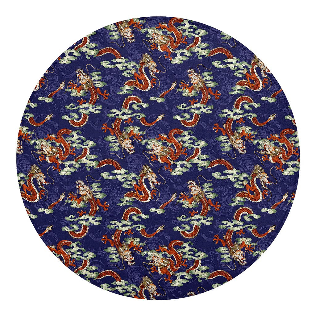 Orange Japanese Dragon Pattern Print Round Blanket