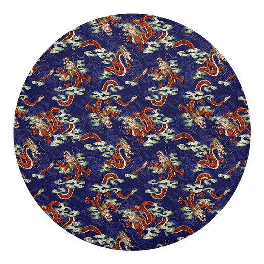 Orange Japanese Dragon Pattern Print Round Blanket