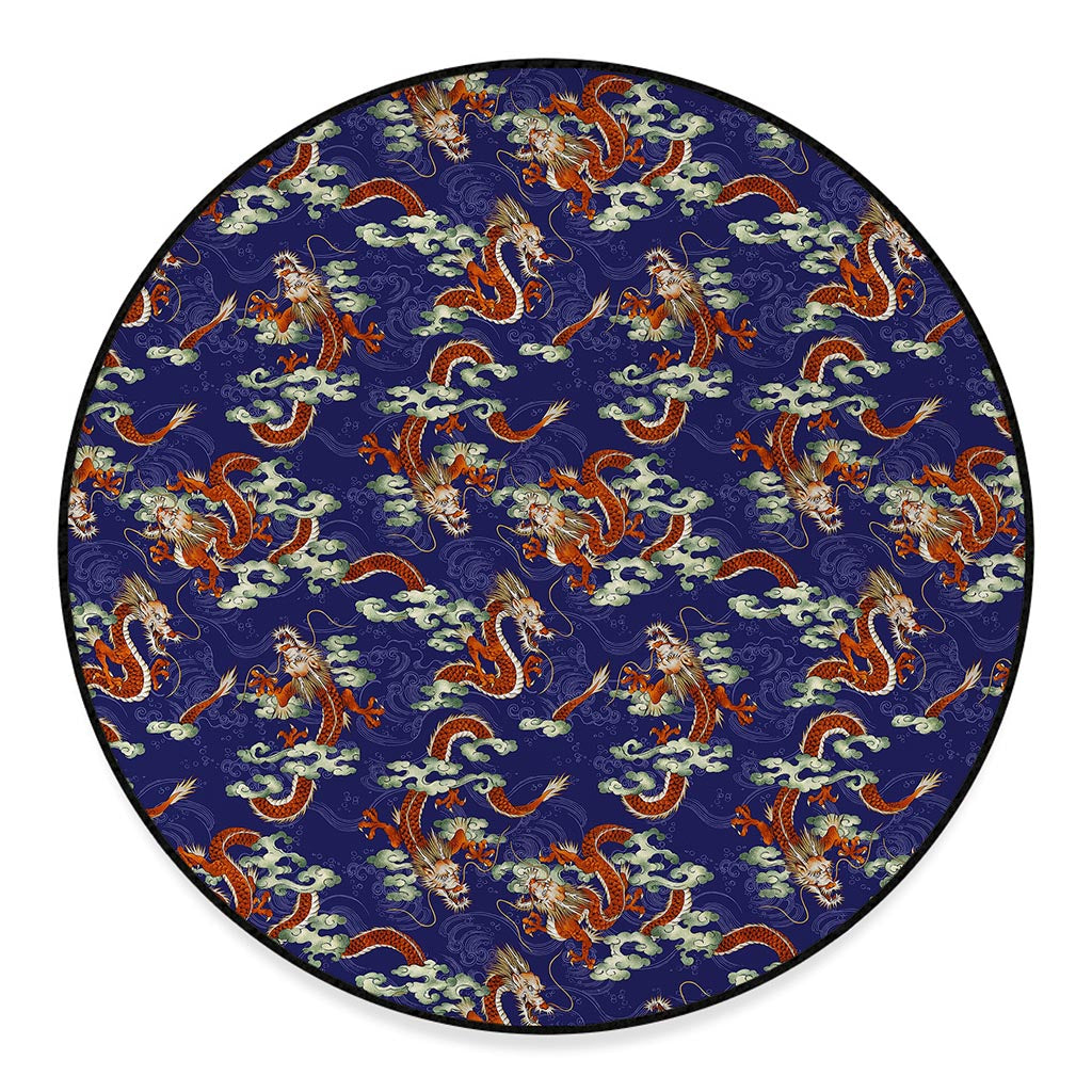 Orange Japanese Dragon Pattern Print Round Floor Mat
