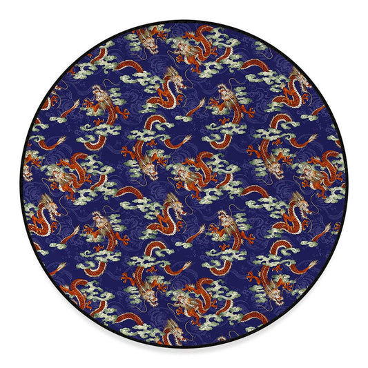 Orange Japanese Dragon Pattern Print Round Floor Mat