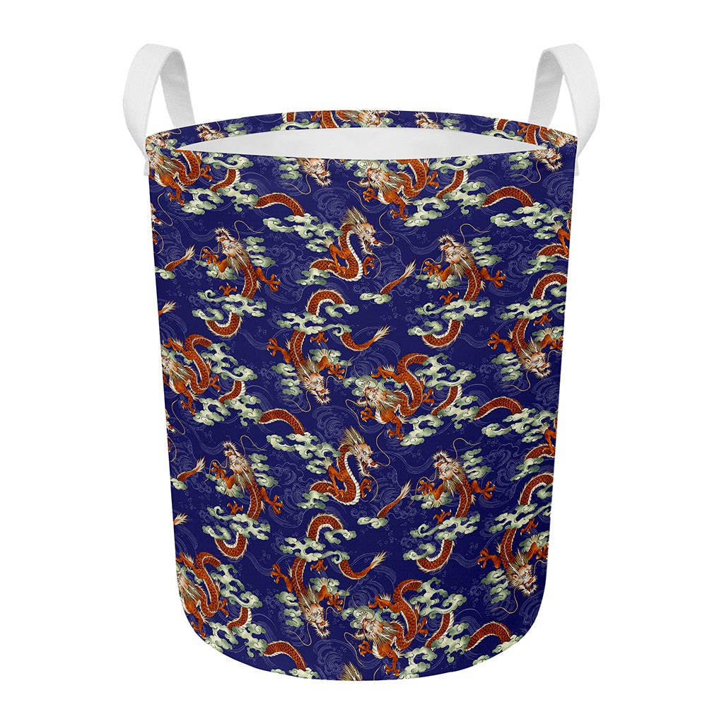 Orange Japanese Dragon Pattern Print Round Laundry Basket