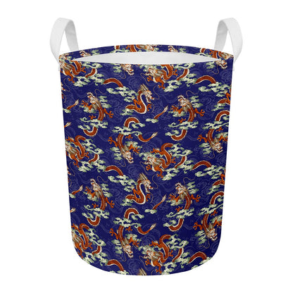 Orange Japanese Dragon Pattern Print Round Laundry Basket