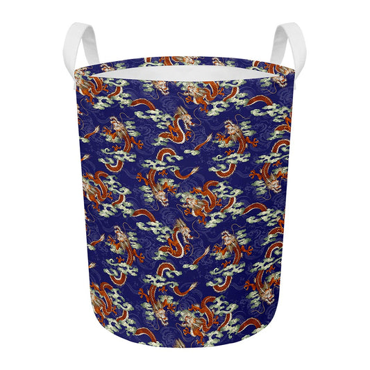 Orange Japanese Dragon Pattern Print Round Laundry Basket