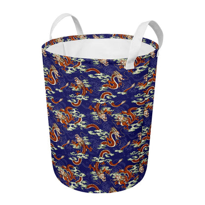 Orange Japanese Dragon Pattern Print Round Laundry Basket