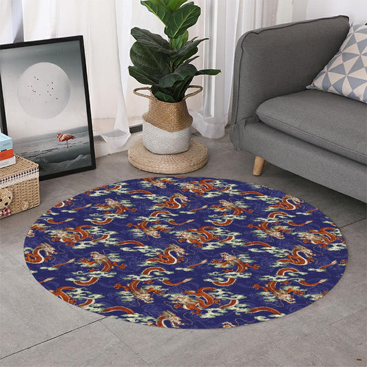 Orange Japanese Dragon Pattern Print Round Rug