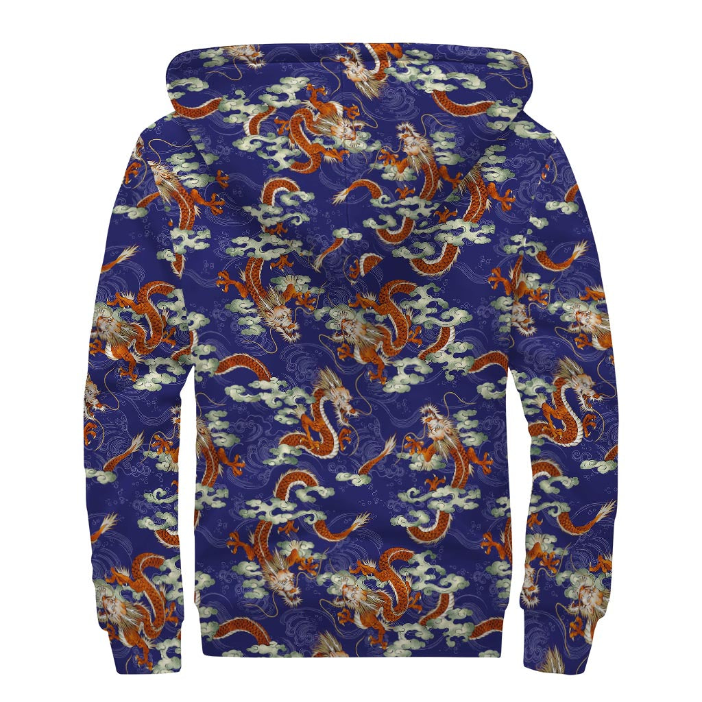 Orange Japanese Dragon Pattern Print Sherpa Lined Zip Up Hoodie