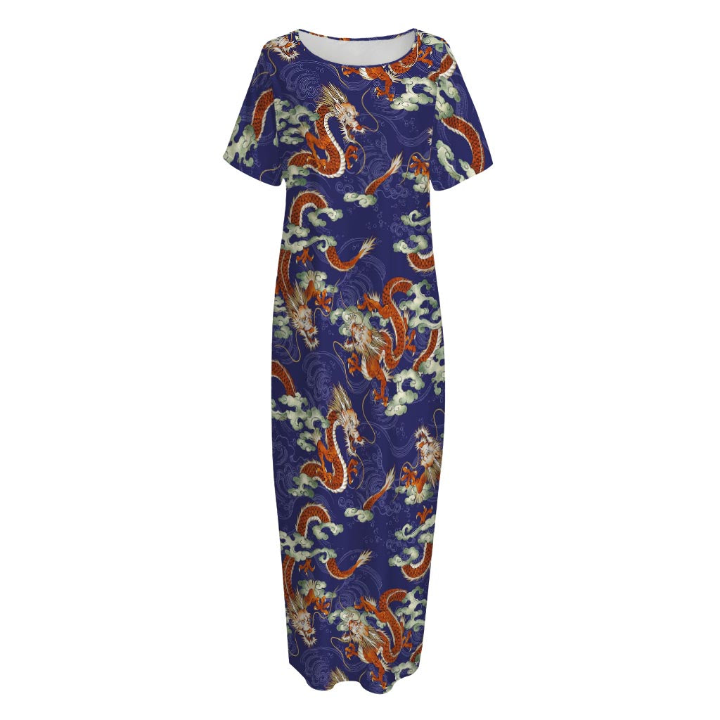 Orange Japanese Dragon Pattern Print Short Sleeve Long Nightdress