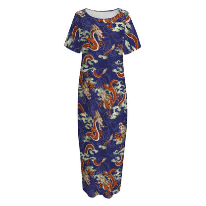 Orange Japanese Dragon Pattern Print Short Sleeve Long Nightdress
