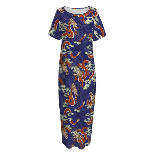 Orange Japanese Dragon Pattern Print Short Sleeve Long Nightdress