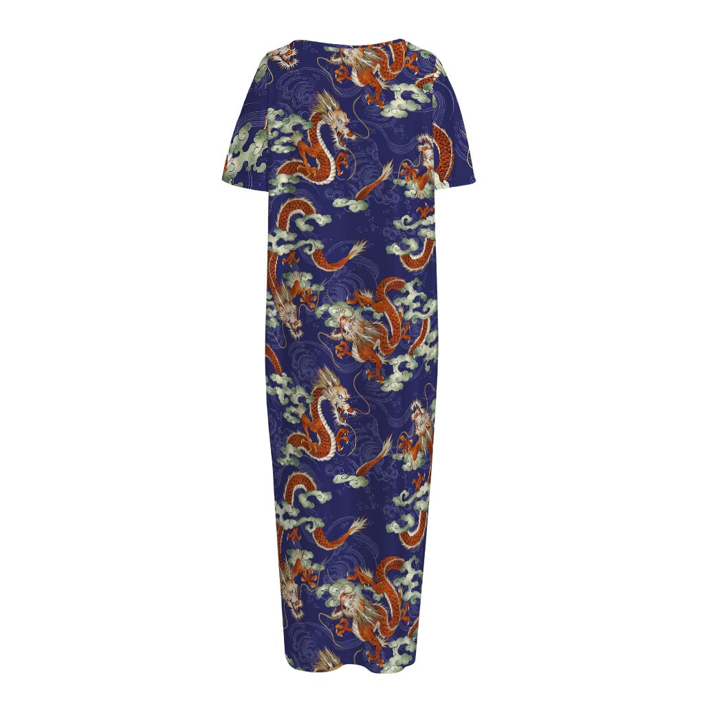 Orange Japanese Dragon Pattern Print Short Sleeve Long Nightdress