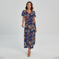 Orange Japanese Dragon Pattern Print Short Sleeve Maxi Dress