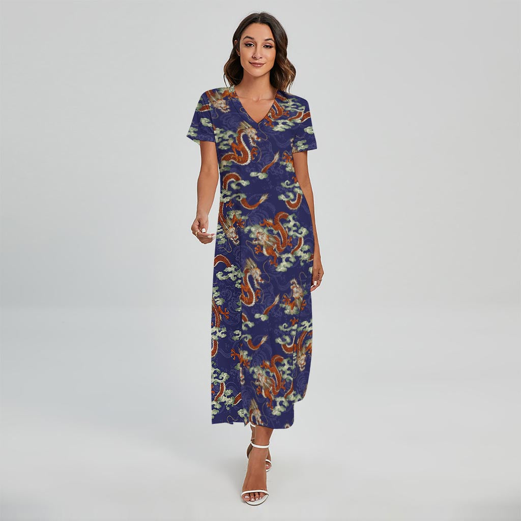 Orange Japanese Dragon Pattern Print Short Sleeve Maxi Dress