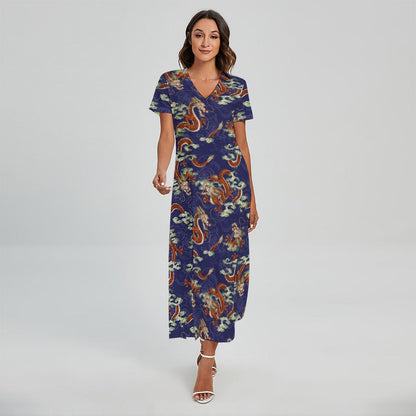 Orange Japanese Dragon Pattern Print Short Sleeve Maxi Dress
