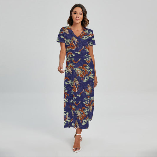 Orange Japanese Dragon Pattern Print Short Sleeve Maxi Dress