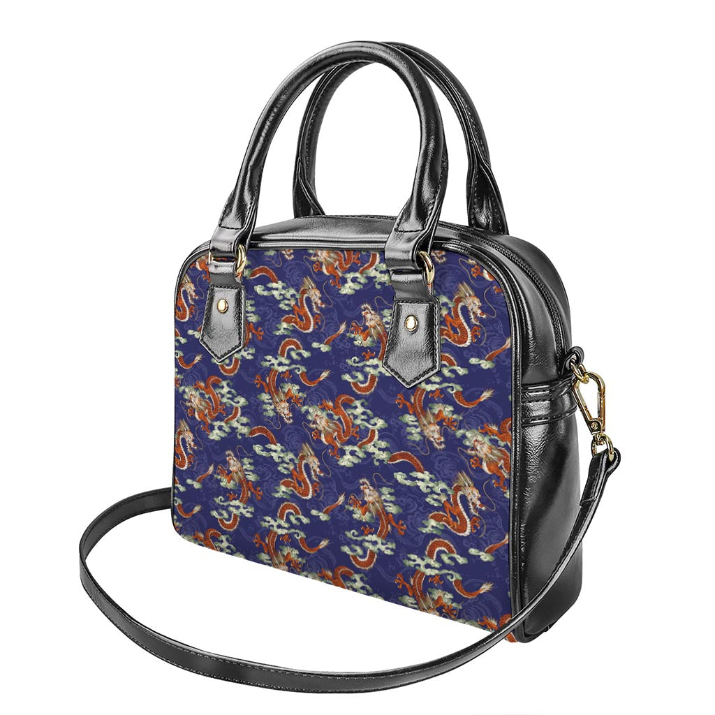 Orange Japanese Dragon Pattern Print Shoulder Handbag