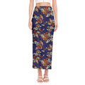 Orange Japanese Dragon Pattern Print Side Slit Maxi Skirt
