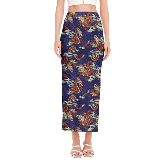 Orange Japanese Dragon Pattern Print Side Slit Maxi Skirt