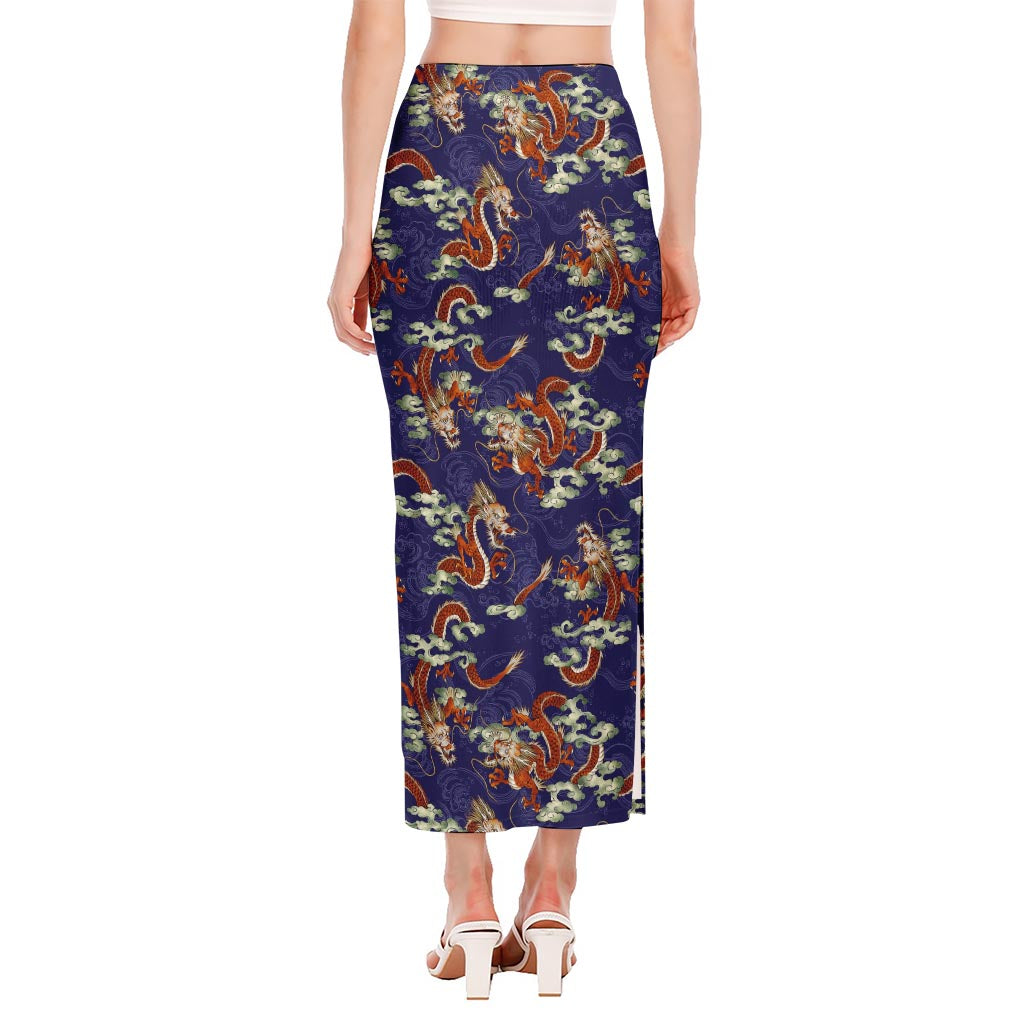 Orange Japanese Dragon Pattern Print Side Slit Maxi Skirt