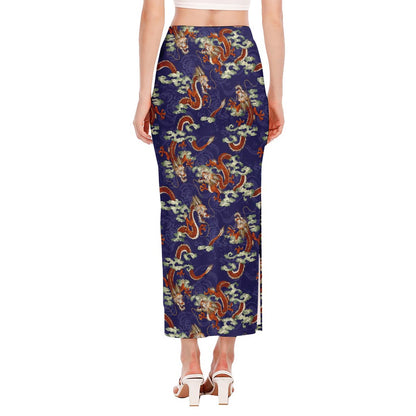 Orange Japanese Dragon Pattern Print Side Slit Maxi Skirt
