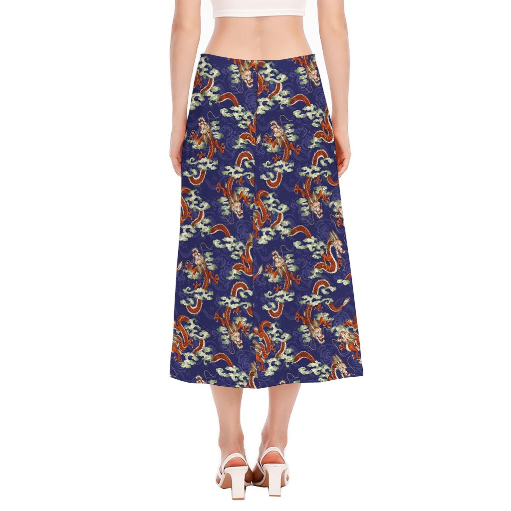 Orange Japanese Dragon Pattern Print Side Slit Midi Skirt