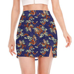 Orange Japanese Dragon Pattern Print Side Slit Mini Skirt