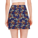 Orange Japanese Dragon Pattern Print Side Slit Mini Skirt