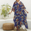 Orange Japanese Dragon Pattern Print Silk V-Neck Kaftan Dress