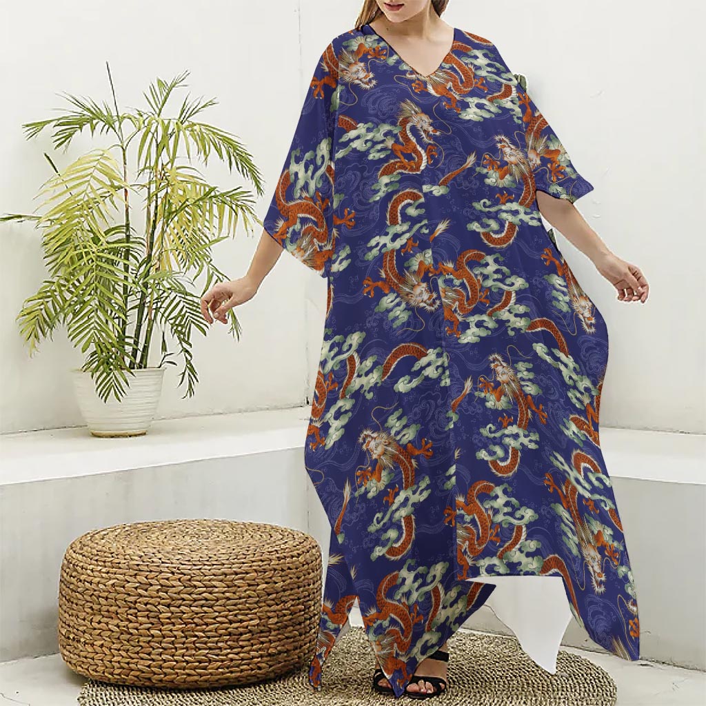 Orange Japanese Dragon Pattern Print Silk V-Neck Kaftan Dress