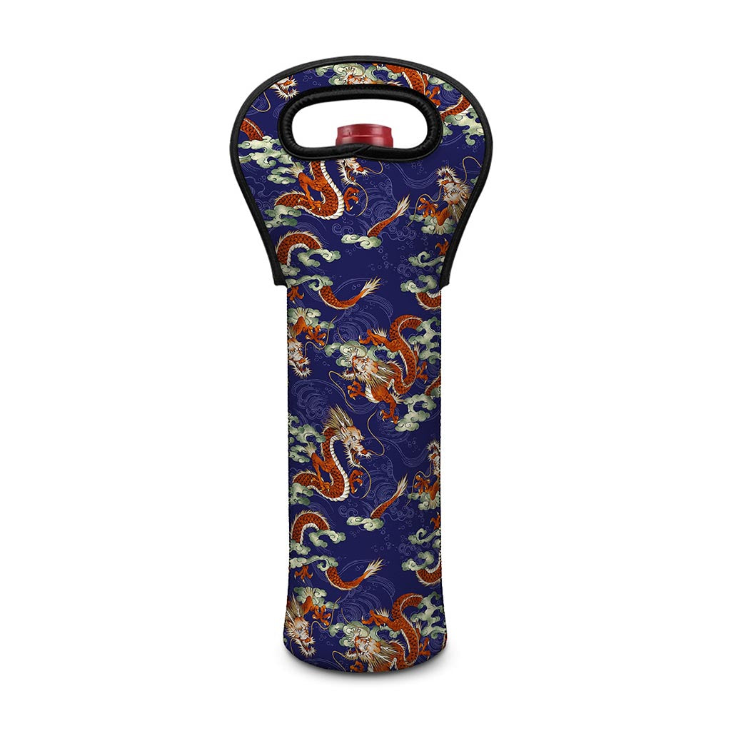 Orange Japanese Dragon Pattern Print Single Neoprene Wine Tote