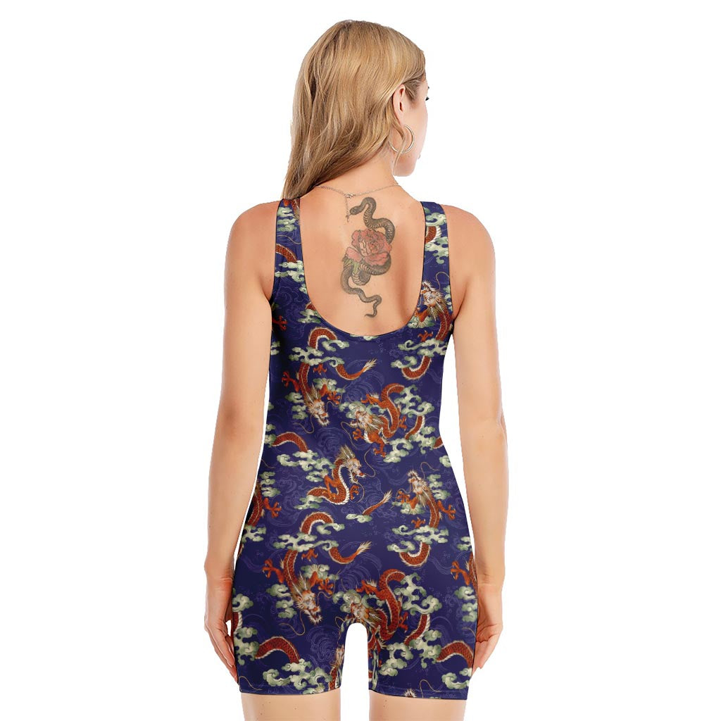 Orange Japanese Dragon Pattern Print Sleeveless One Piece Swimsuit