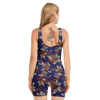 Orange Japanese Dragon Pattern Print Sleeveless One Piece Swimsuit