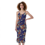 Orange Japanese Dragon Pattern Print Slim Fit Midi Cami Dress