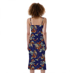 Orange Japanese Dragon Pattern Print Slim Fit Midi Cami Dress
