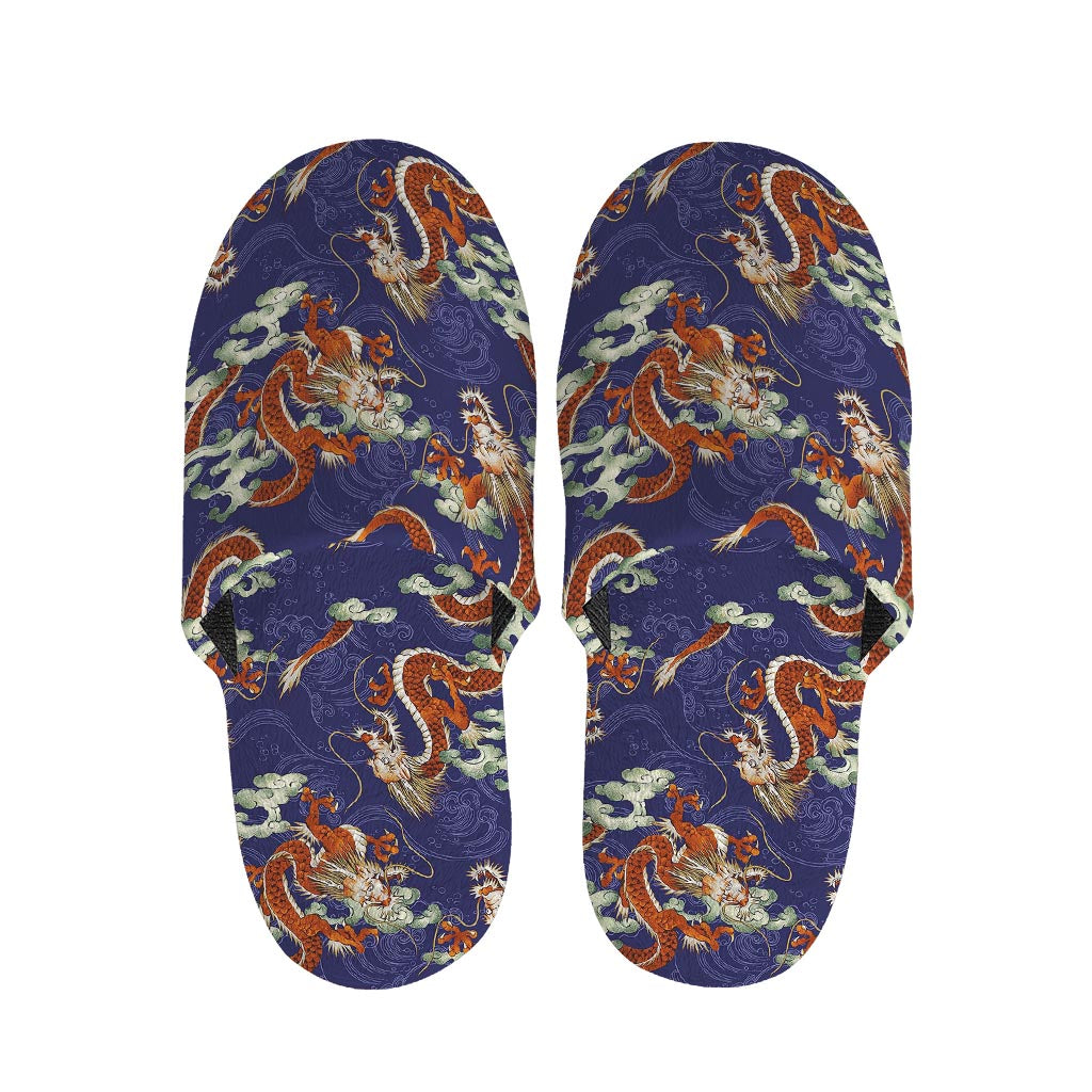 Orange Japanese Dragon Pattern Print Slippers