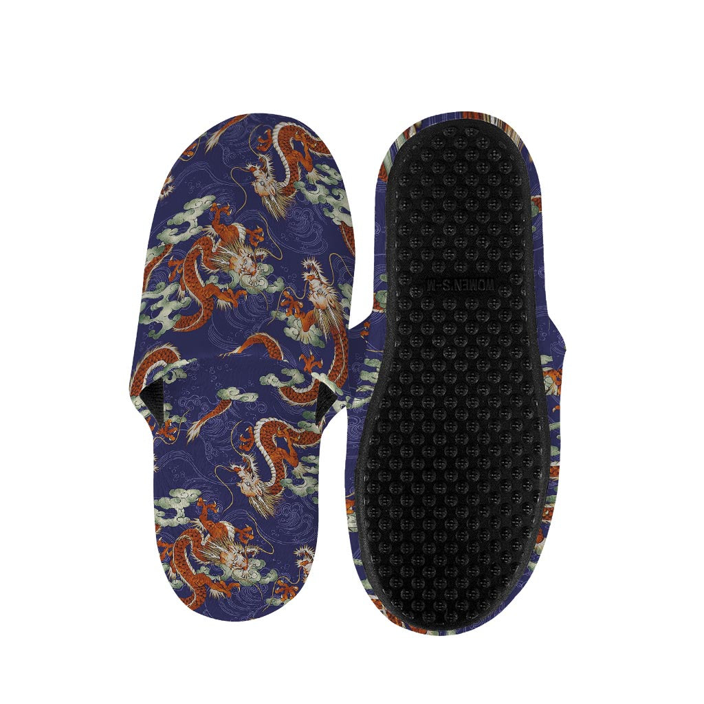 Orange Japanese Dragon Pattern Print Slippers