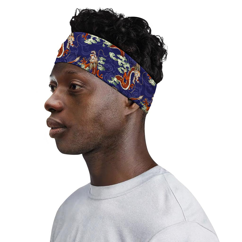 Orange Japanese Dragon Pattern Print Sports Headband