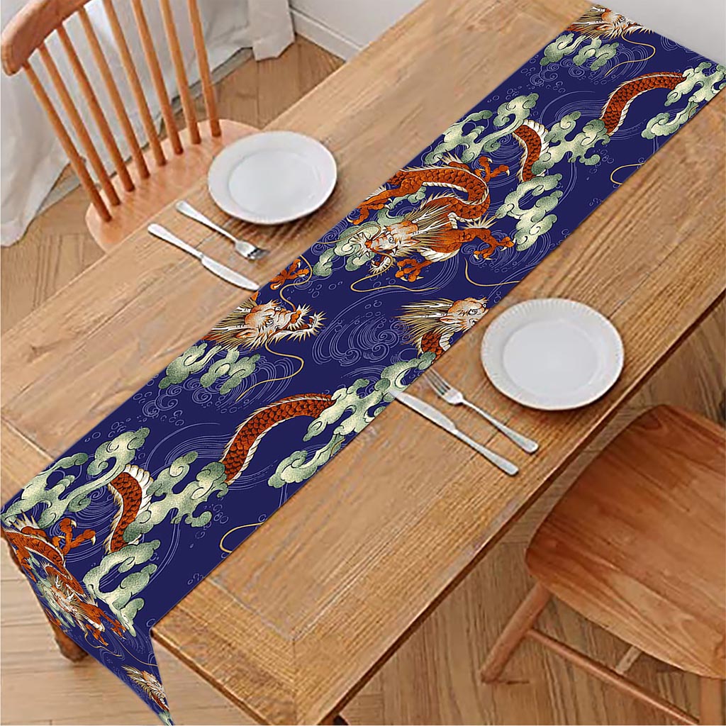Orange Japanese Dragon Pattern Print Table Runner