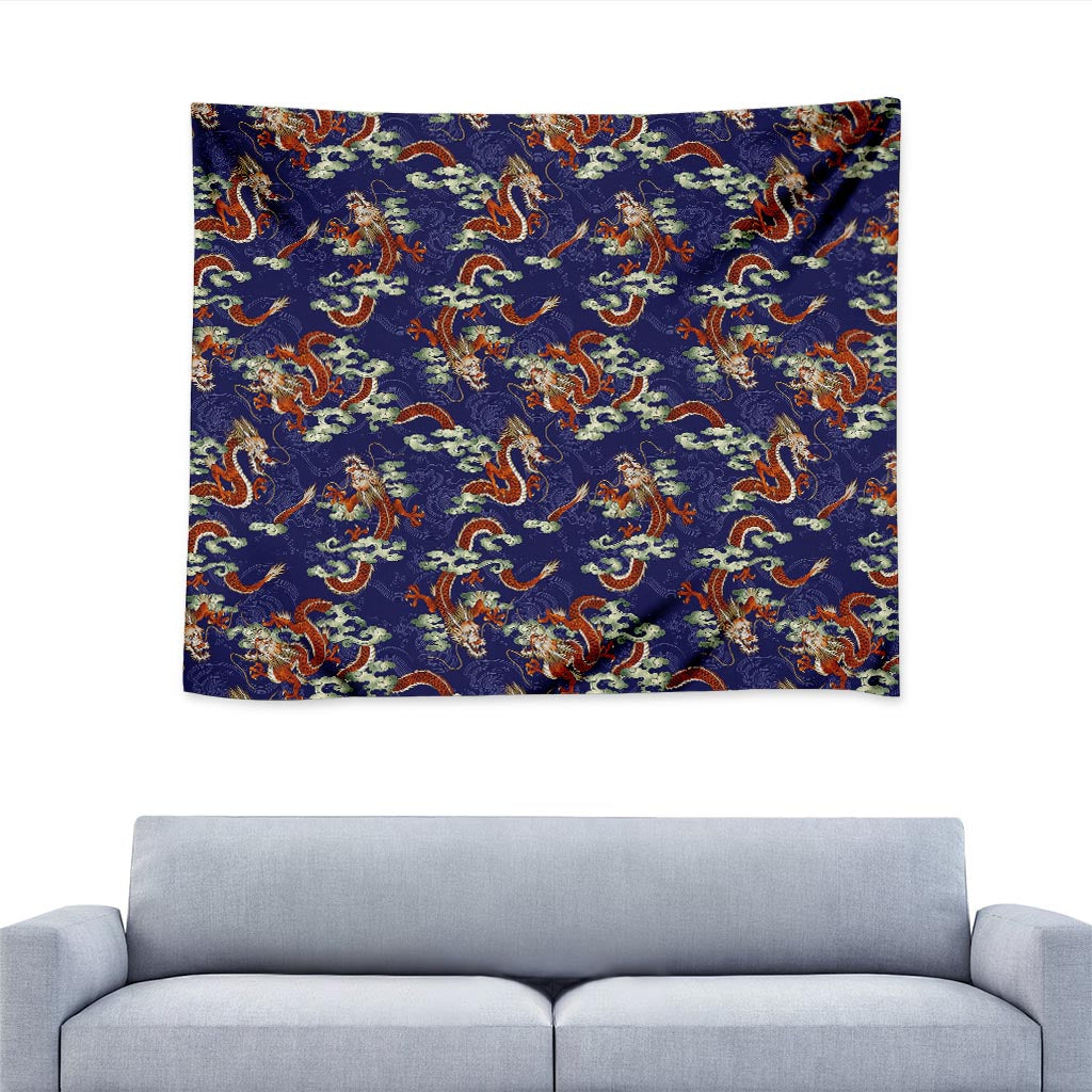Orange Japanese Dragon Pattern Print Tapestry