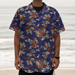 Orange Japanese Dragon Pattern Print Textured Short Sleeve Shirt