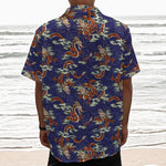 Orange Japanese Dragon Pattern Print Textured Short Sleeve Shirt