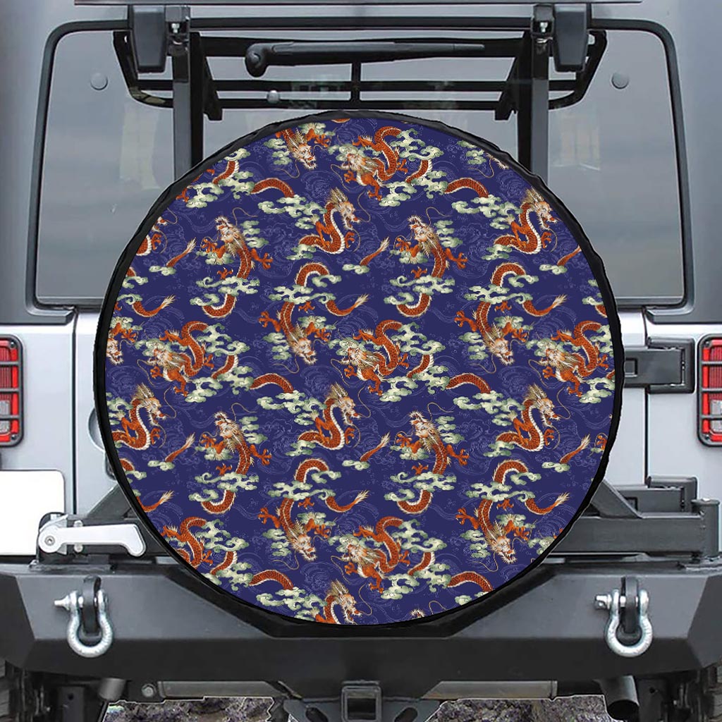 Orange Japanese Dragon Pattern Print Tire Cover